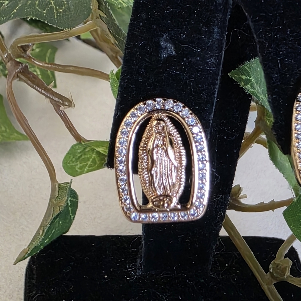 Yellow Gold Religious Icon Small Earrings Pave Crystals - Picture 6 of 7